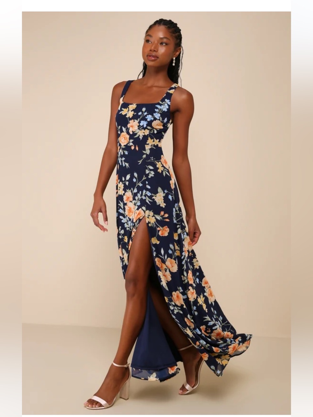Lulu's Navy Floral Maxi Dress with Peach Blooms - Picture 13 of 13